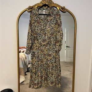 H&M Black Floral Long Sleeve Collared Button Down Ruffle Hem Midi dress